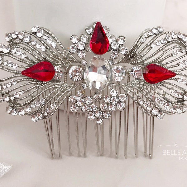 Red bridal comb, Brides crystal haircomb, Rhinestone hair accessory, Bridesmaids hair piece, Wedding clip, Bridal head piece, Christmas