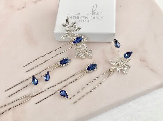 Bridal Hair Pins, Sapphire Blue Crystal Wedding Hair  display picture 1
