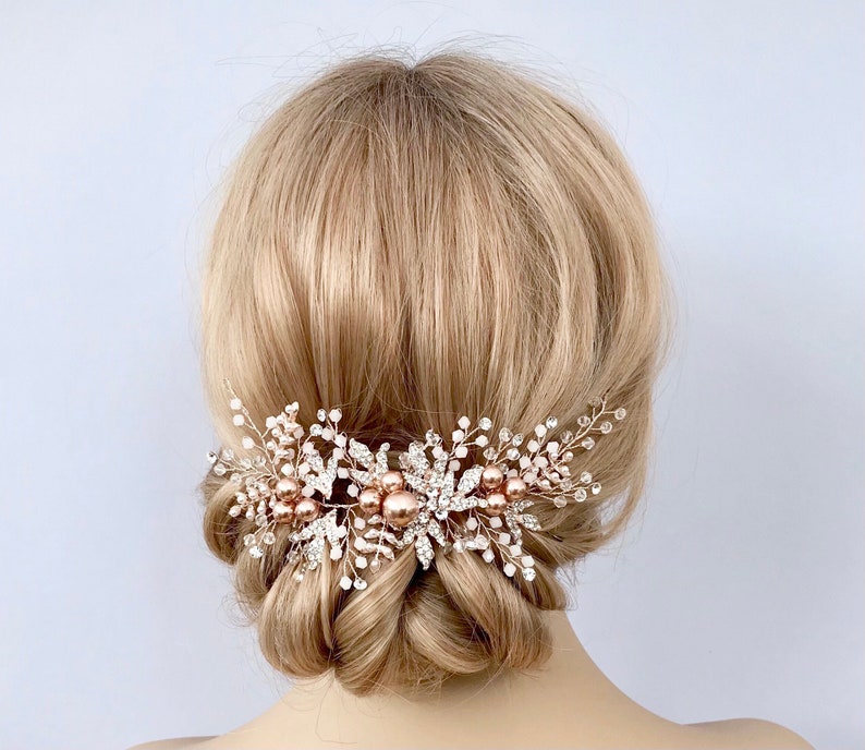 Hair vine, Rose gold pearl hairpiece for wedding, with rhinestone encrusted leaves and crystals, bridesmaid or brides hair piece. image 7