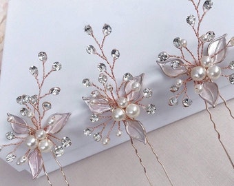 Bridal leaf pins,3 Rose gold pins, Bridal hair accessories Wedding hair piece Bridesmaids pins Brides headpiece Pearl hairpins Brides pins