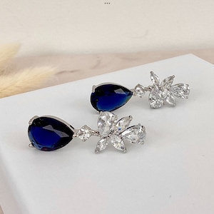 Bridal earrings, Sapphire blue crystal drop earrings, Cubic zircon, Bridesmaid gift , Mother of the bride, Bridal jewelry, Gift for wife