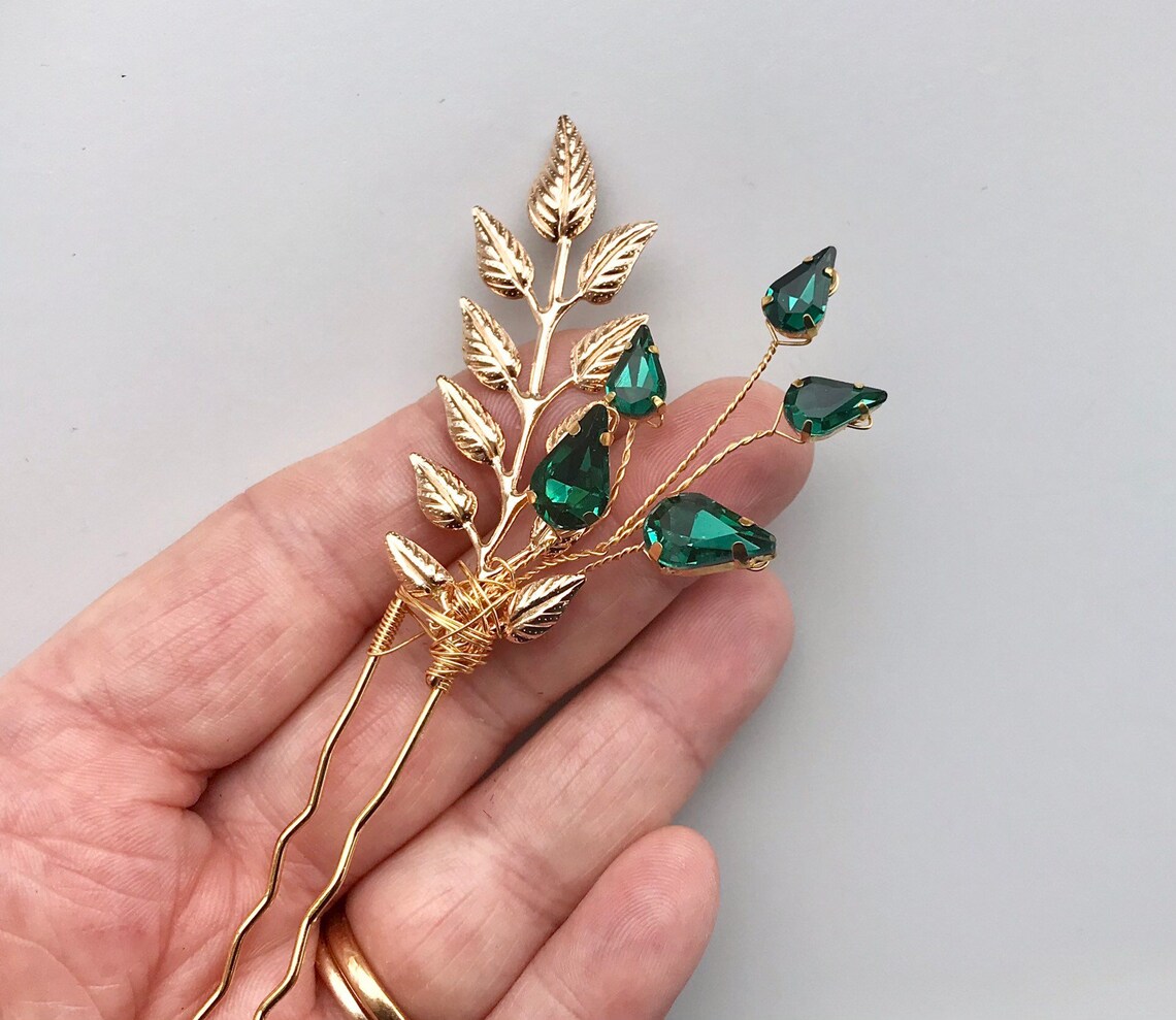 Bridal leaf pins Emerald crystalsHair jewellery for the Etsy