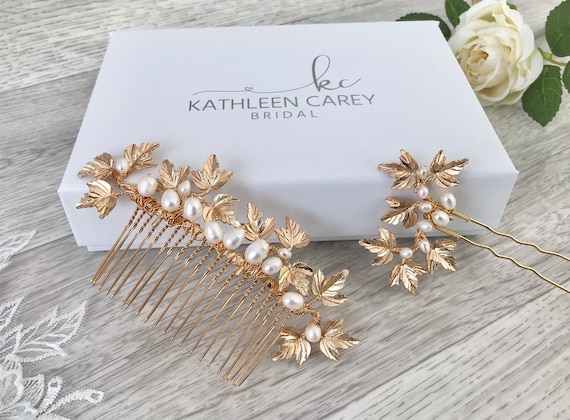 Wedding Hair Comb, Gold Leaf Hair Comb & Pin, Bridal  display picture 2