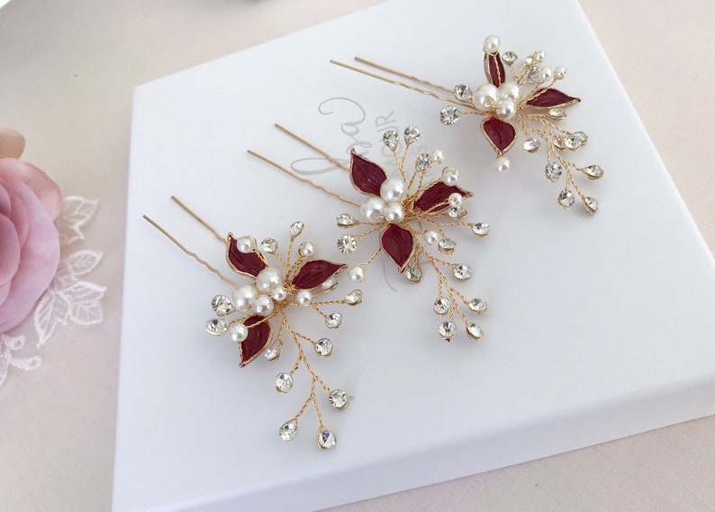Bridal hair pins Burgundy leaf hairpiece Bridal hairpiece Etsy