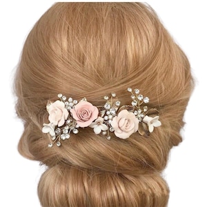 Bridal hair comb, Blush pink flower hair comb with roses antique finish ,Bridal headpiece, Wedding hair accessories, Flower hairpiece,