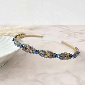 Elegant Blue and Gold Embellished Headband Royal Blue Velvet Gold Tone Scallopecd Arch Crystal Gemstone  main image 4