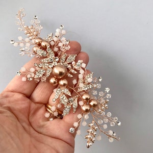 Hair vine, Rose gold pearl hairpiece for wedding, with rhinestone encrusted leaves and crystals, bridesmaid or brides hair piece. image 6