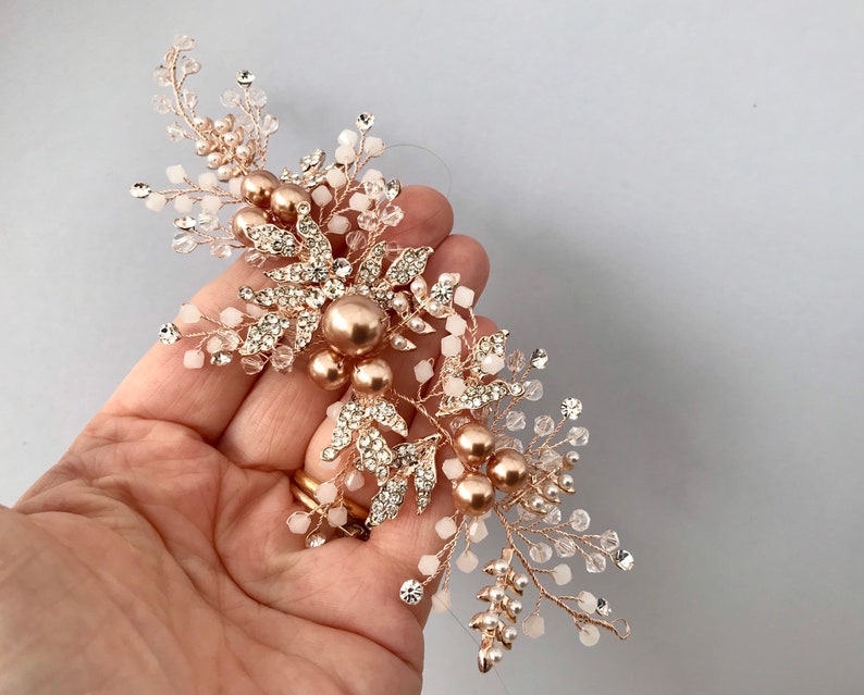 Hair vine, Rose gold pearl hairpiece for wedding, with rhinestone encrusted leaves and crystals, bridesmaid or brides hair piece. image 6