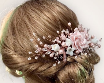 Bridal hair comb, Blush pink rose, Rose gold, Bridal headpiece, Wedding hair accessories, Flower hairpiece, Mother of the bride