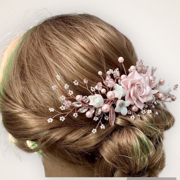 Bridal hair comb, Blush pink rose, Rose gold, Bridal headpiece, Wedding hair accessories, Flower hairpiece, Mother of the bride