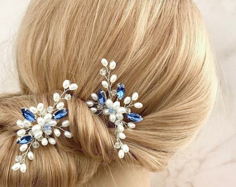 Pearl hair pins, Sapphire blue crystal wedding hair accessories, Bridesmaids hairpiece,Something blue, Hair jewelry, Bobby pins