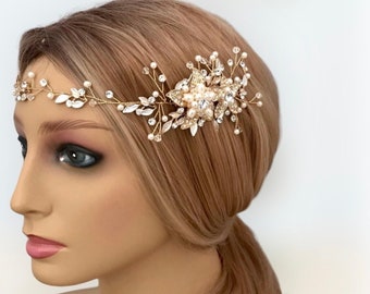 Gold hair vine for a Boho wedding, Bridal hair accessories, Wedding hair vine, Brides pearl headpiece, Crystal wreath