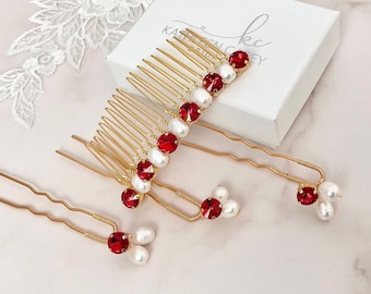 Bridal hairpiece, Red crystal jewellery for weddings with freshwater pearls ,Wedding hair comb,Bridesmaid hair comb,Bridal hair pins.