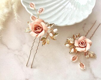 Flower Hair Clips DUSTY ROSE HAIR Pin Pearl Bobby Pin Set 