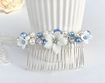 Flower hair comb, Blue pearl hair piece with Cubic zirconia crystals, Hair accessories for wedding, Something blue, Bridal headpiecen