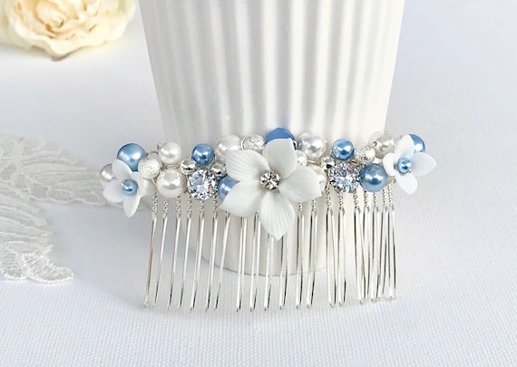 Flower Hair Comb, Blue Pearl Hair Piece With Cubic Zirconia  display picture 2