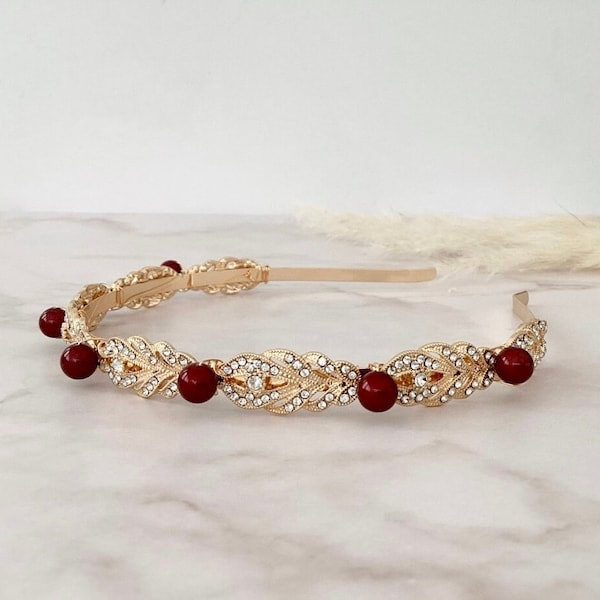 Crystal headband, Burgundy gold narrow FINEST QUALITY for Bride, Bridesmaid, Wedding guest, perfect for special occasions, weddings, proms,