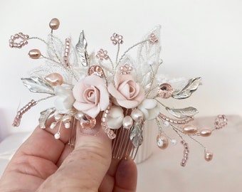 Bridal hair comb, Blush pink rose with lace bridal headpiece, Wedding hair accessories, Flower hairpiece, Pearl comb, Mother of the bride