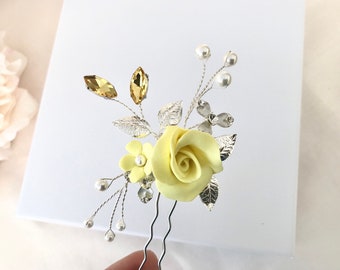 Hair pins, Yellow rose hair accessory for wedding, Floral hair piece, Clay flowers, Bridesmaid hair pins,Bobby pins, Beach wedding.