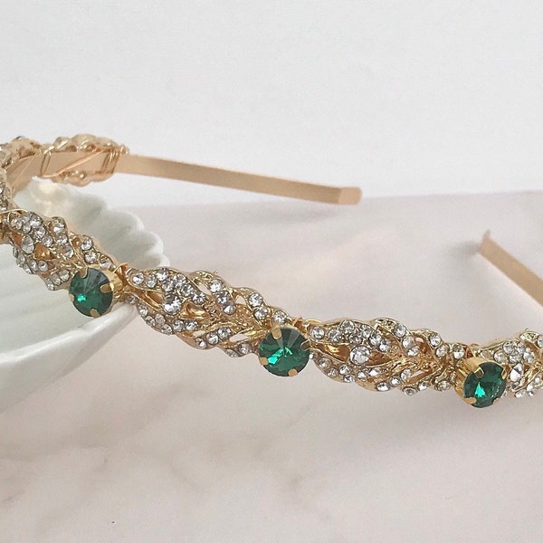 Bridal hair piece, Emerald green Crystal gold headband for Bridesmaid, Crystal head band, Narrow headband, Green tiara for wedding