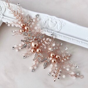 Hair vine, Rose gold pearl hairpiece for wedding, with rhinestone encrusted leaves and crystals, bridesmaid or brides hair piece. image 4