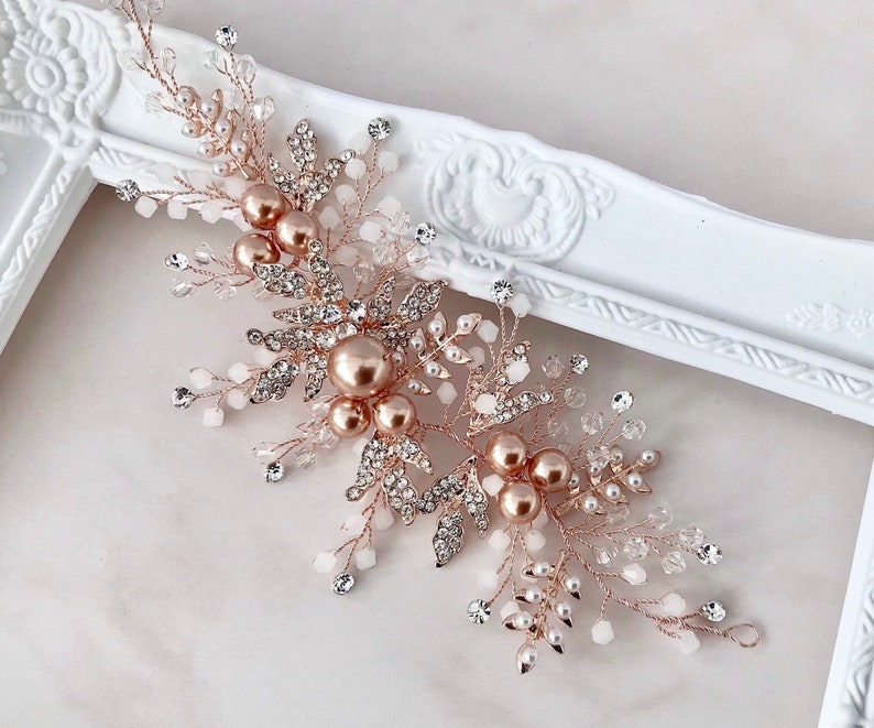 Hair vine, Rose gold pearl hairpiece for wedding, with rhinestone encrusted leaves and crystals, bridesmaid or brides hair piece. image 4