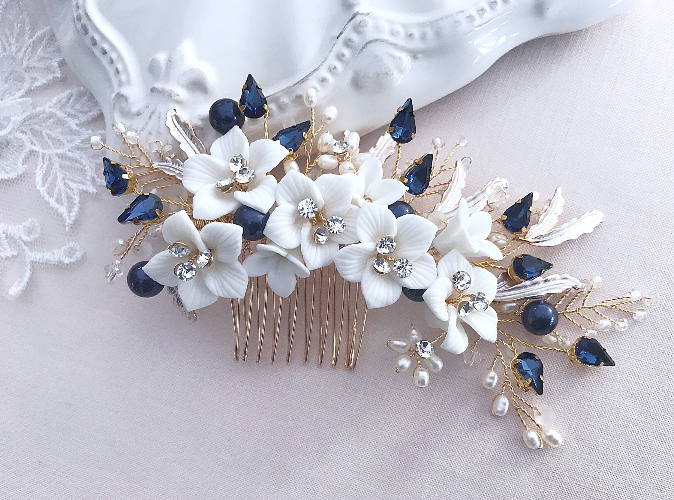 Flower Hair Comb Navy Blue Hairpiece for Bride Wedding Etsy UK