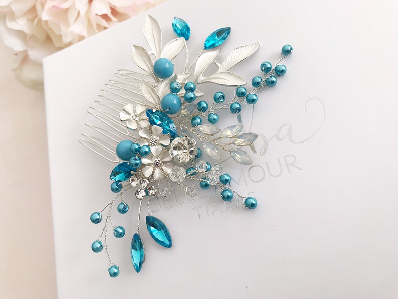 Bridesmaids comb Crystal jewelry Bridal headpiece,Turqouise comb for weddings Pearl bridal comb Silver hair comb Wedding accessories