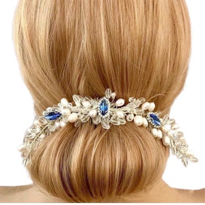 Sapphire blue bridal headpiece  , Freshwater pearl hair comb for Wedding, Mother of Bride, Bridesmaid comb, Something blue,