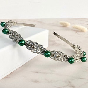 Bridal hair piece,Forrest Green pearl headband for Bridesmaid or Bride, Crystal head band, Narrow silver headband perfect for weddings.