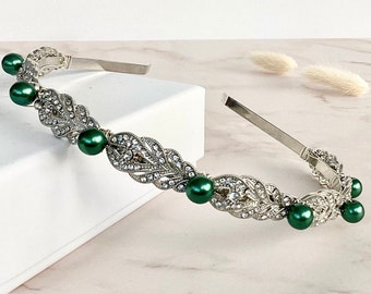 Bridal hair piece,Forrest Green pearl headband for Bridesmaid or Bride, Crystal head band, Narrow silver headband perfect for weddings.