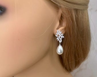 Bridal earrings with Pearl for wedding, Cubic zirconia, Bridesmaids earrings, Mother of the bride, Bridal jewelry jewellery,Crystal earrings