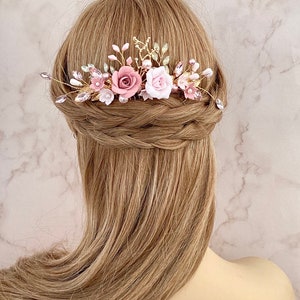 Bridal hair comb, pink rose hair piece for wedding, Bridal headpiece, Wedding hair accessories, Flower hair piece, crystal hair comb