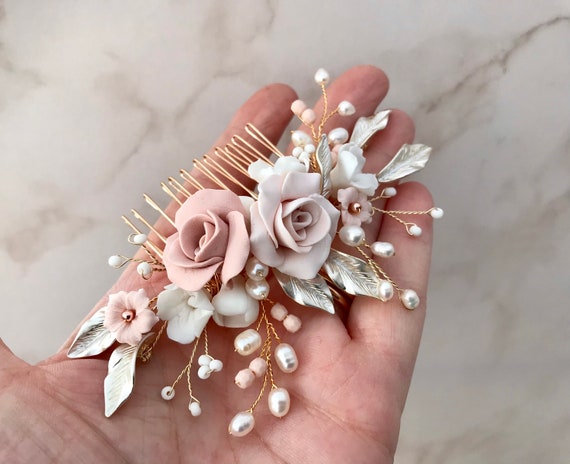 Pink and White Floral Hair Comb with Diamonds + Pearl Accents Flower Hair Comb Hand-crafted With Beautiful White Flowers  main image 3