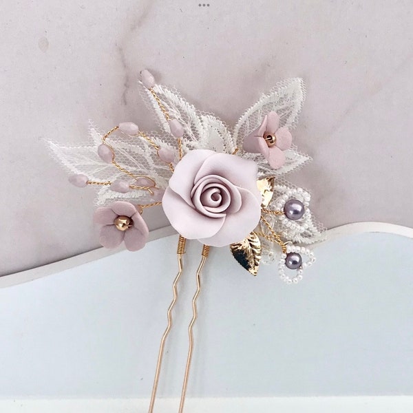 Hair pin, Lavender rose hair piece for Bride or Bridesmaid, Hand crafted Clay flowers, gold leaf Bobby pins, Hand crafted clay flowers .