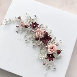 Hair vine, Blush pink bridal hairpiece  for wedding with burgundy flowers rhinestone encrusted leaves and crystals,bridesmaid hair piece.