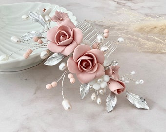 Bridal hair comb, pink clay flower hair piece, Bridal headpiece, Wedding hair accessories,