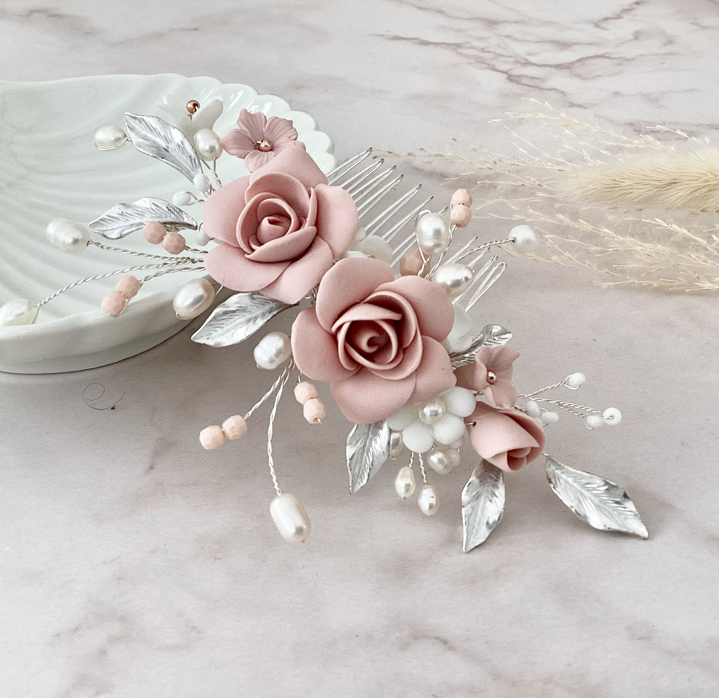 Bridal hair comb, pink clay flower hair piece, Bridal headpiece, Wedding hair accessories,