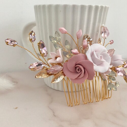 Bridal hair comb pink rose hair piece for wedding Bridal headpiece Wedding hair accessories Flower hair best piece crystal hair comb