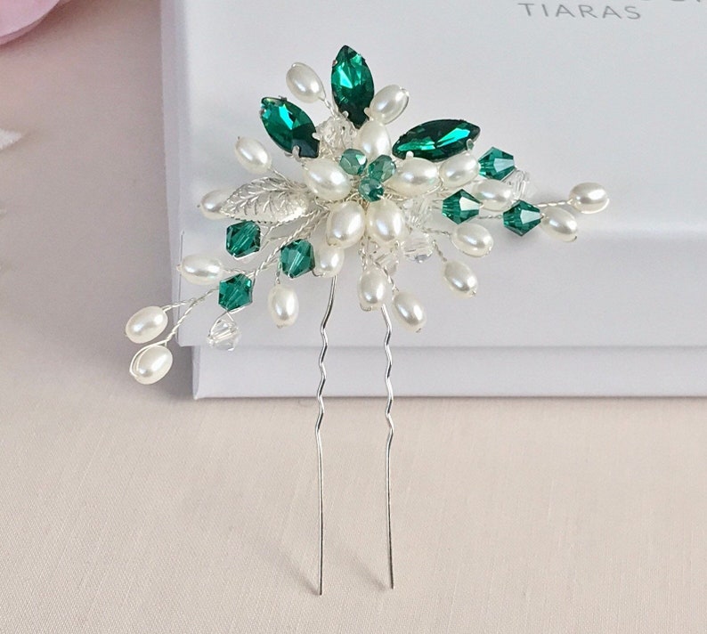 Bridal Hair Pin Emerald Green Crystal Pearl Hair Pin Etsy UK