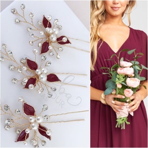 Bridal hair pins, Burgundy leaf hairpiece , Bridal hairpiece, Bridal headpiece, Brides wedding hair accessories, Set of 3 wedding hair pins