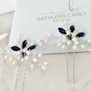Bridal hair pins, Navy blue crystal wedding hair accessories, Bridesmaids hair pins , Something blue, Hair jewelry, Bobby pins, Pearl hair
