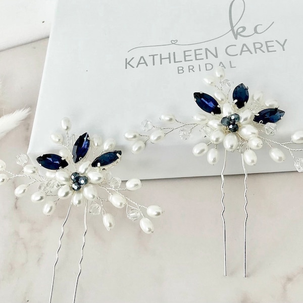 Bridal hair pins, Navy blue crystal wedding hair accessories, Bridesmaids hair pins , Something blue, Hair jewelry, Bobby pins, Pearl hair