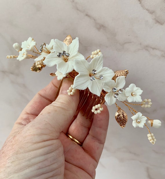Bridal Gold and Cream Floral Hair Accessory Amazon.com : Yean Bride Flower Bridal Hair Comb Gold Leaf  main image 2