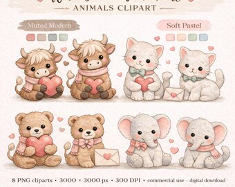 May include: Watercolor clipart set featuring adorable animals: a cow, cat, bear, and elephant, each holding a heart. The image includes the text "Whimsical Valentine ANIMALS CLIPART" and color palettes labeled "Muted Modern" and "Soft Pastel".