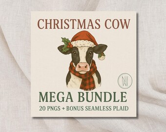 May include: A digital graphic featuring a cow wearing a Santa hat and a plaid scarf, labeled "CHRISTMAS COW." The image includes the text "MEGA BUNDLE" and "20 PNGS + BONUS SEAMLESS PLAID."