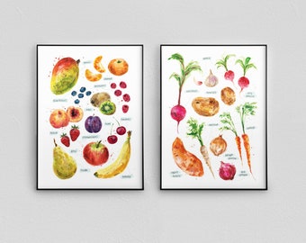 Fruit and Veg Art Print Set of 2 - Watercolour Kitchen Wall Art