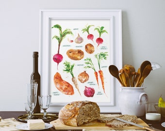 Watercolour Kitchen Wall Art Print Poster - Root Vegetables