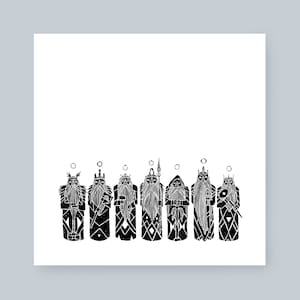 May include: Black and white illustration of seven figures wearing crowns and robes. Each figure has a unique design and holds a different object. The figures are arranged in a row.