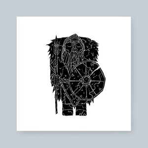 May include: Black and white illustration of a warrior with a beard, wearing a fur cloak and holding a spear and shield.